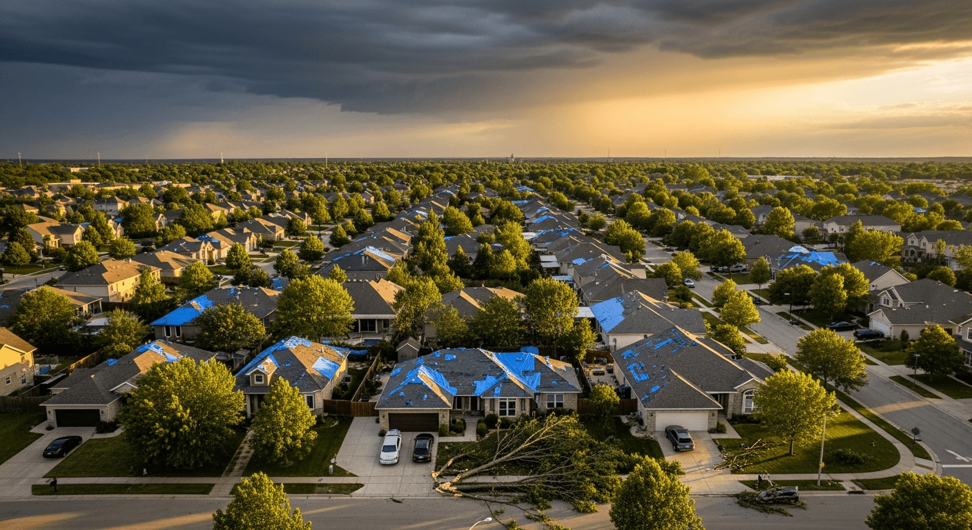 Aerial view of South Dakota neighborhood after storm damage